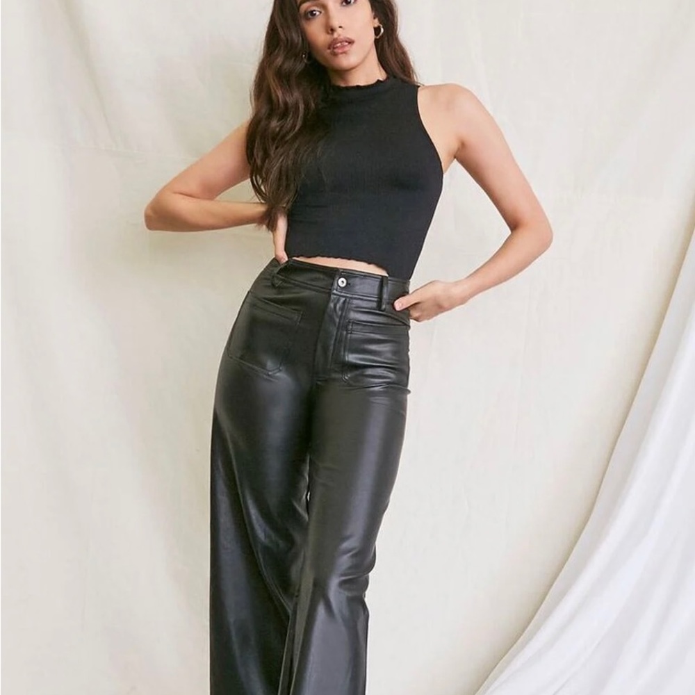 Forever 21 wide leg faux leather pants hem cropped